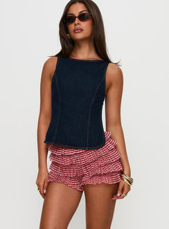front view of model wearing Princess Polly Biscotti Low Rise Bloomer Shorts Red Gingham High Waisted Shorts 