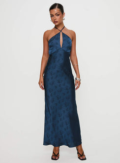 front view of model wearing Princess Polly Limosina Halter Maxi Dress Navy Plunger 