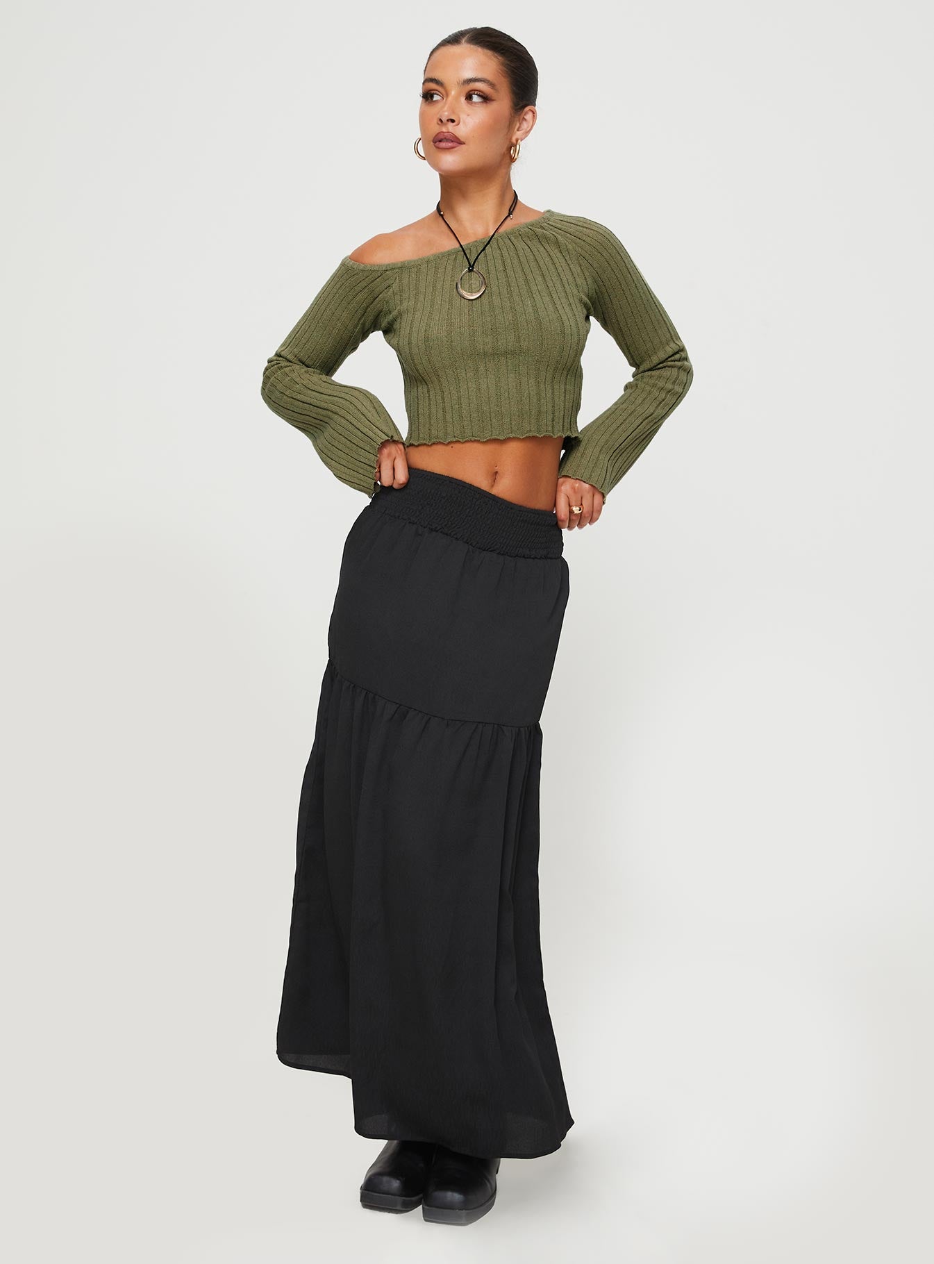 Front view of model wearing  front Dion Maxi Skirt Black Princess Polly  Maxi 
