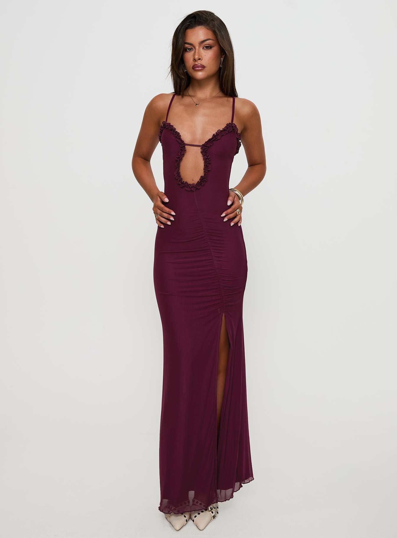 front view of model wearing Princess Polly Soulina Ruched Maxi Dress Purple Sweetheart Neckline 