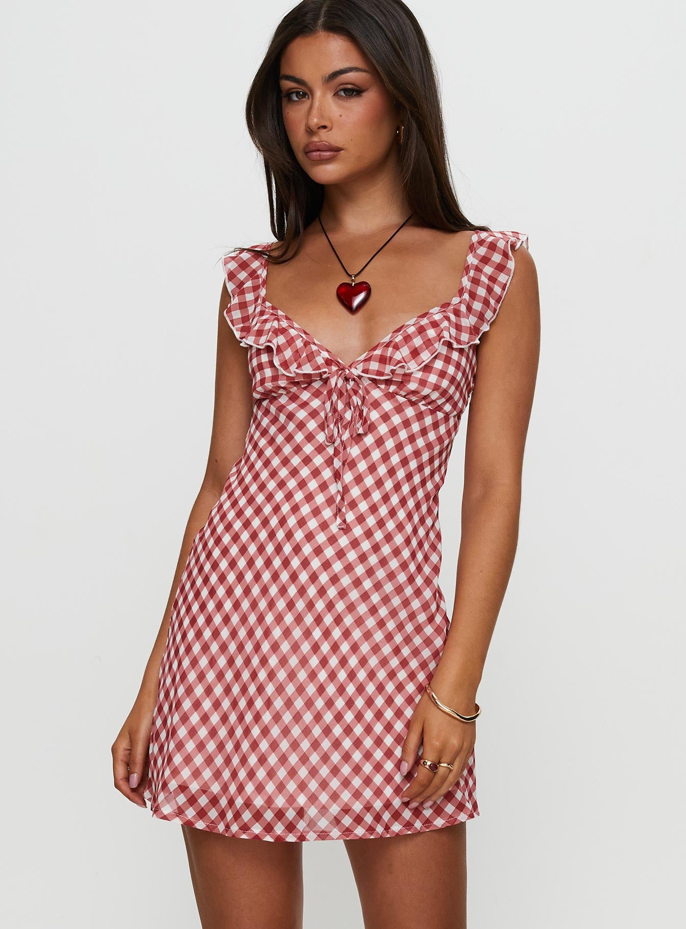 front view of model wearing Princess Polly Marseilla Mini Dress Red Check V-Neck 