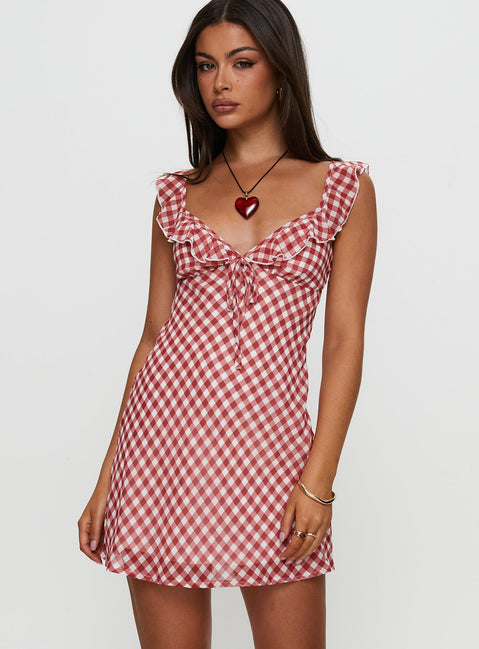 front view of model wearing Princess Polly Marseilla Mini Dress Red Check V-Neck 