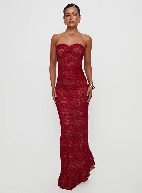 front view of model wearing Princess Polly Hailees Lace Strapless Maxi Dress Red Sweetheart Neckline 