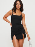 Front view of model wearing  front Princess Polly Square Neck  Dia Mini Dress Black