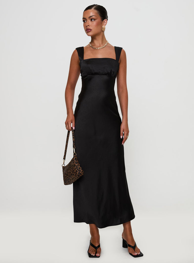 front view of model wearing Princess Polly Radioactive Bias Cut Maxi Dress Black Square Neck 