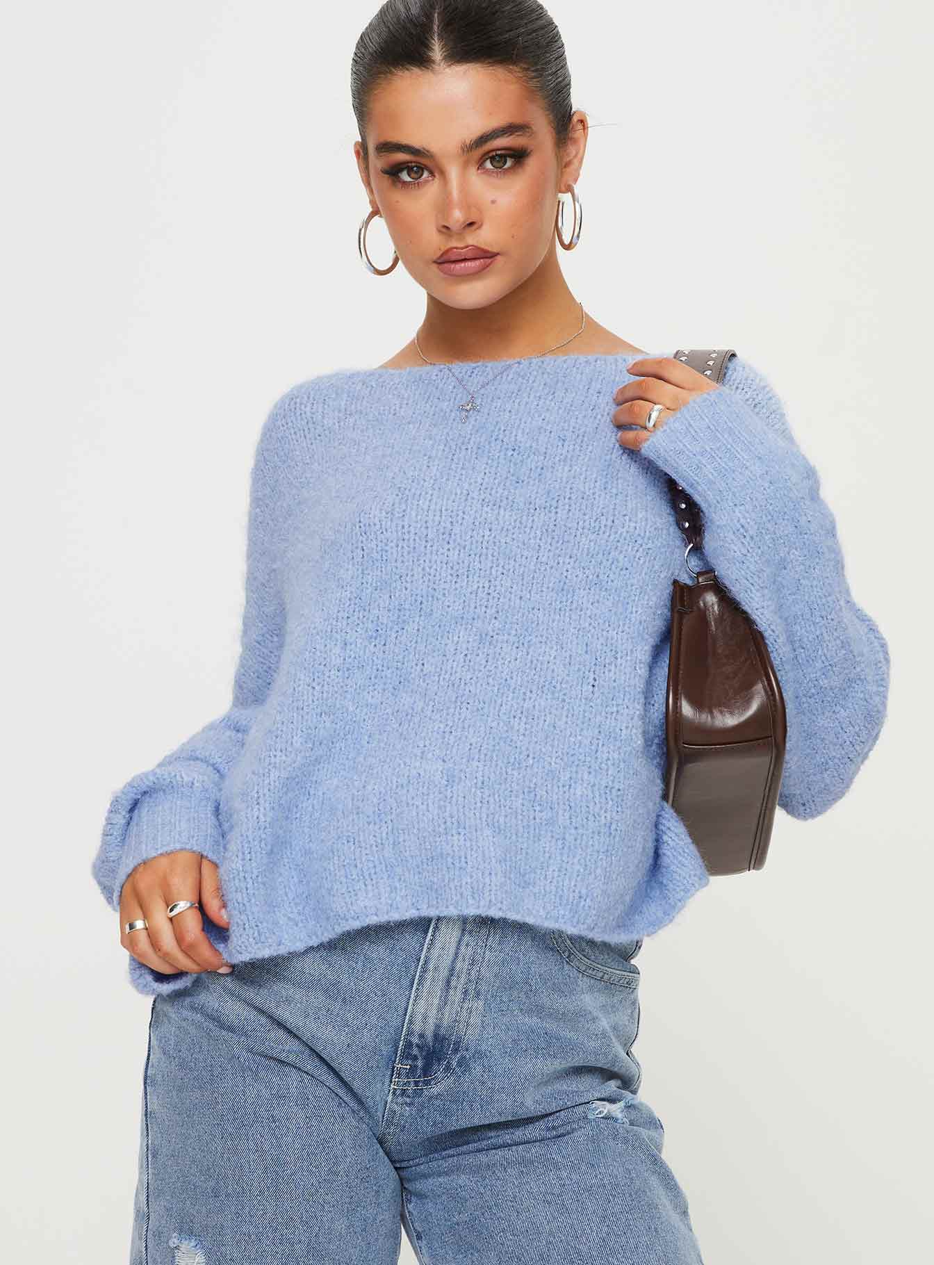 back view of model wearing Princess Polly Ramy Sweater Blue Cropped 