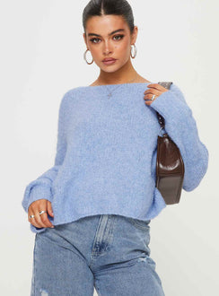 back view of model wearing Princess Polly Ramy Sweater Blue Cropped 
