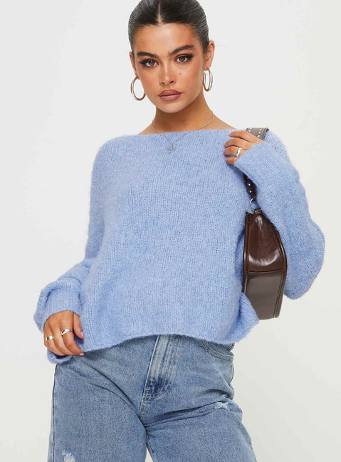 back view of model wearing Princess Polly Ramy Sweater Blue Cropped 