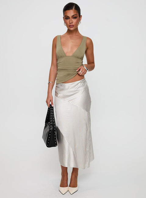   side view of model wearing Princess Polly Priscella Asymmetrical Midi Skirt Multi Midi Skirts 