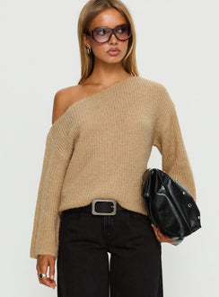 front view of model wearing Princess Polly Delyn Off Shoulder Slouchy Knit Sweater Camel Cropped Jumpers 