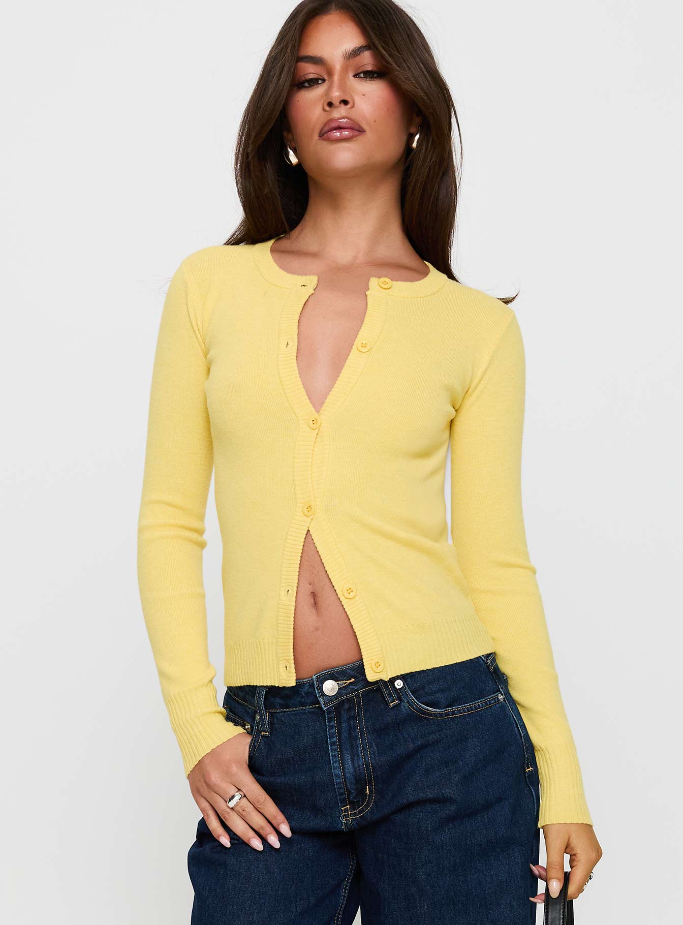 front view of model wearing Princess Polly Lauraine Cardigan Lemon Cropped 