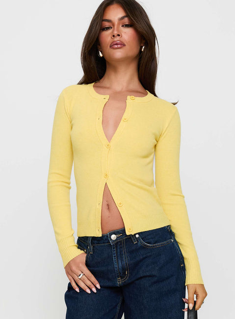 front view of model wearing Princess Polly Lauraine Cardigan Lemon Cropped 