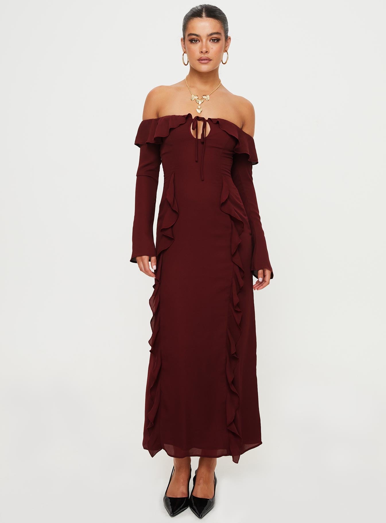 Long burgundy off the shoulder dress sale