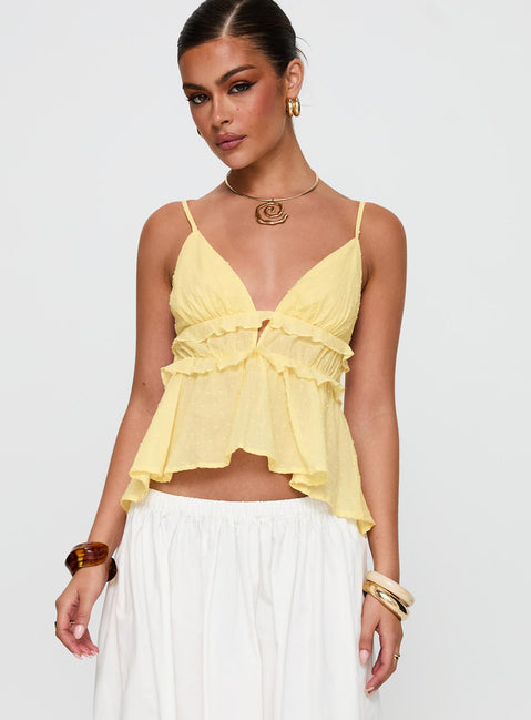 front view of model wearing Princess Polly Blondelle Frill Detail Top Yellow Sleeveless Plunger 