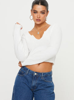 Front view of model wearing  front Princess Polly Full Sleeves Sweetheart  Shalini Long Sleeve Top White