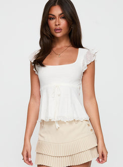 front view of model wearing Princess Polly Auroraah Frill Top White Short Sleeves Square Neck 