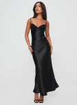 front view of model wearing Princess Polly Fadyen Bias Cut Maxi Dress Black Petite Sweetheart Neckline 