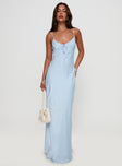 front view of model wearing Princess Polly Linger Bias Cut Maxi Dress Blue V-Neck 