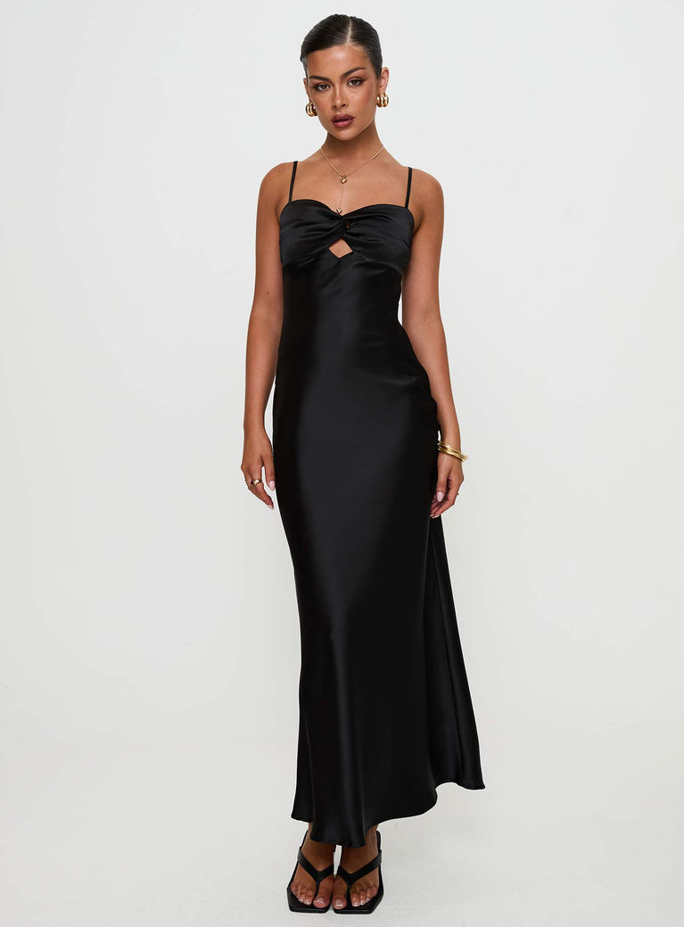 front view of model wearing Princess Polly Blackthorn Maxi Dress Black Sweetheart Neckline 