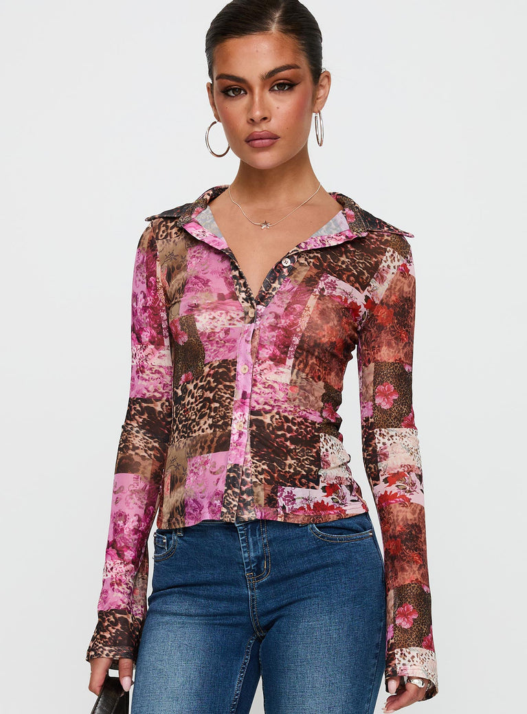 side view of model wearing Princess Polly Maribou Long Sleeve Top Multi Full Sleeves V-Neck 