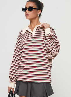 side view of model wearing Princess Polly Rierie Rugby Jersey Porcelain Multi Long 