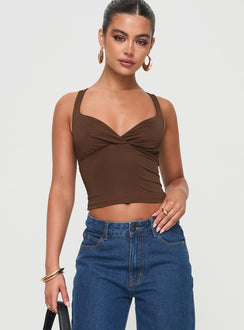 front view of model wearing Princess Polly Wandella Tank Brown Sleeveless Sweetheart 
