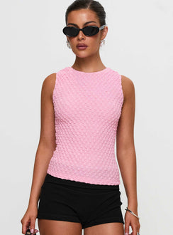 front view of model wearing Princess Polly Goodnight And Go Textured Top Pink Sleeveless Crew Neck 
