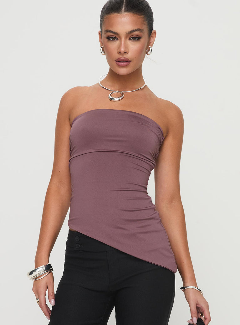 front view of model wearing Princess Polly Galan Strapless Top Purple Sleeveless straight 