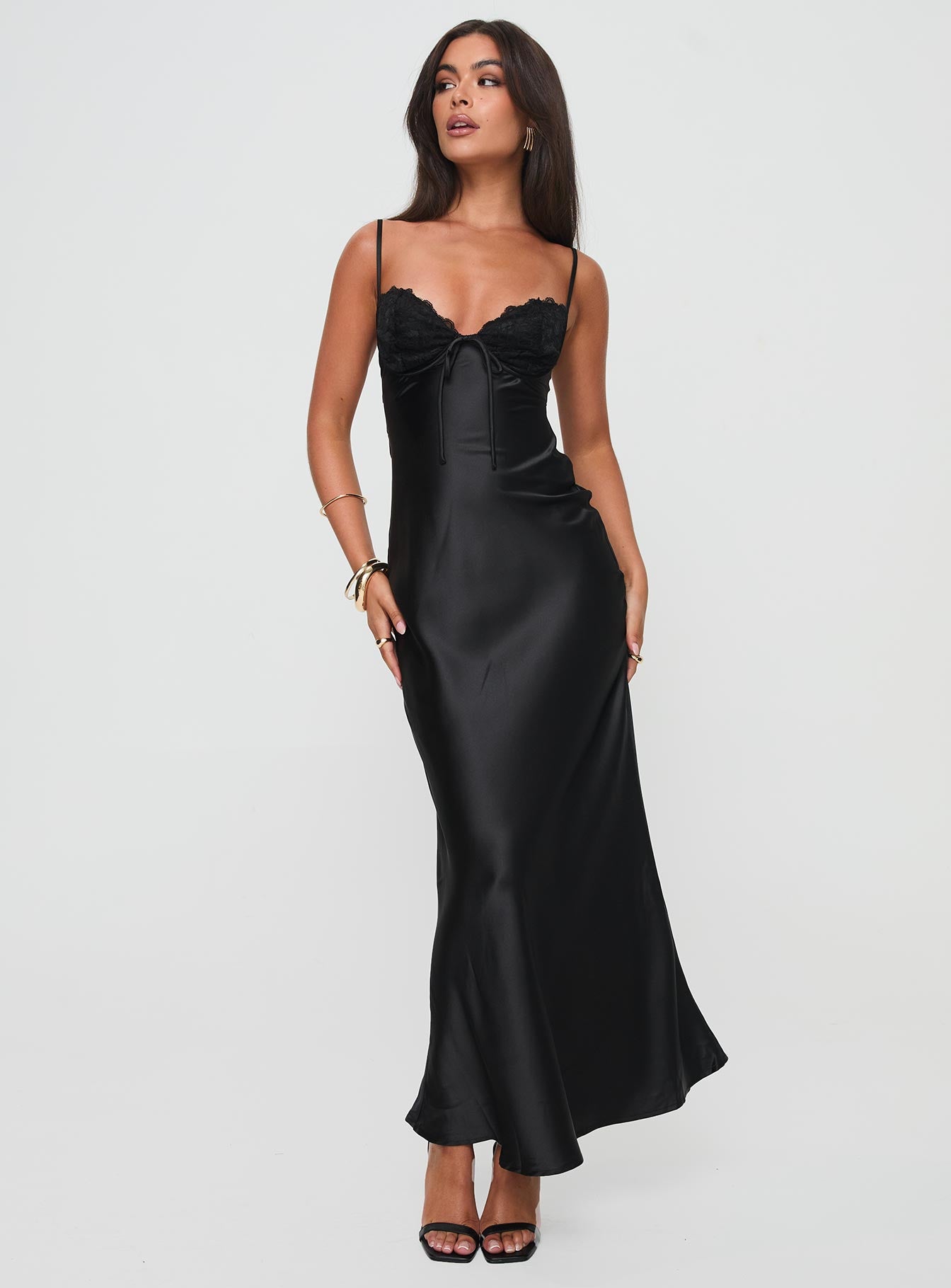 front view of model wearing Princess Polly Fadyen Bias Cut Maxi Dress Black Tall Sweetheart Neckline 