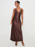 side view of model wearing Princess Polly Angels Only Maxi Dress Chocolate Plunger 