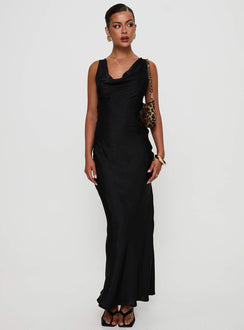 side view of model wearing Princess Polly Make Memories Cowl Neck Maxi Dress Black Cowl Neck 
