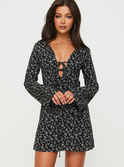 product Princess Polly Asymmetric Neckline  Malop Long Sleeve Mini Dress Black Floral