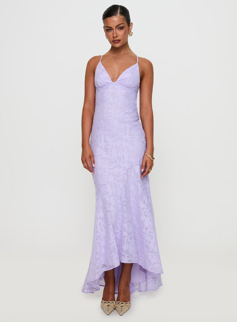 front view of model wearing Princess Polly Cyrene Maxi Dress Lilac Plunger 
