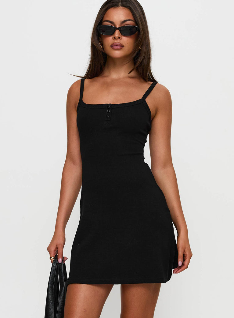 front view of model wearing Princess Polly Baseline Rib Mini Dress Black Square Neck 