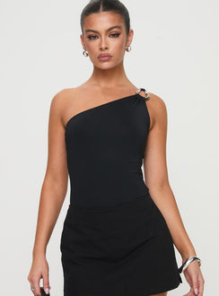 front view of model wearing Princess Polly Talija One Shoulder Bodysuit Black Sleeveless 