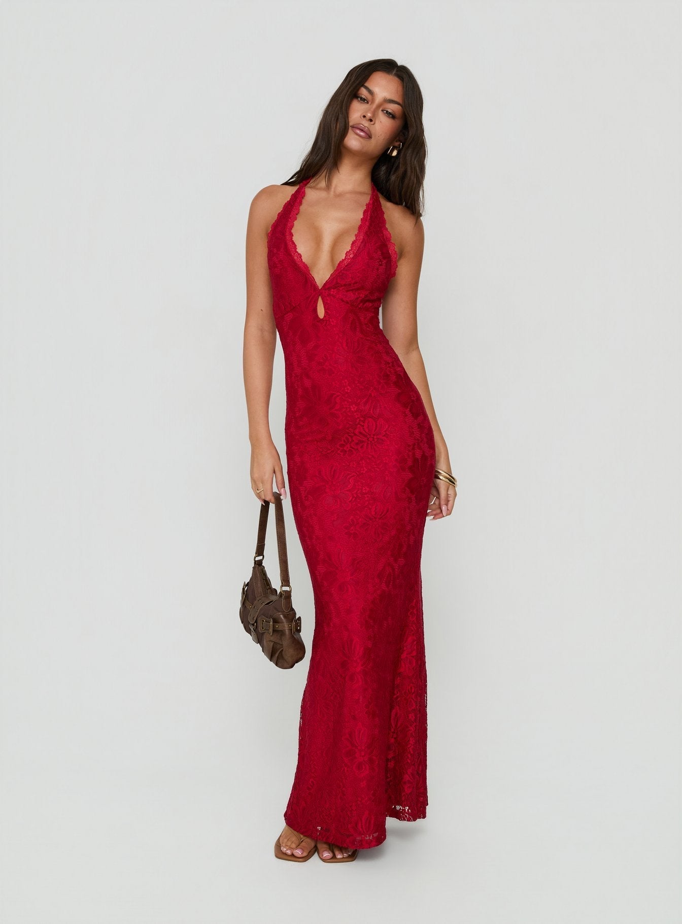 Kalaia Lace Halter Maxi Dress Red