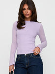 front view of model wearing Princess Polly See You Soon Long Sleeve Top Purple Full Sleeves Crew Neck 