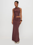 back view of model wearing Princess Polly Vesperine Lace Maxi Dress Cocoa Brown High Neck 