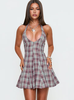 Out Of Nowhere Halter Mini Dress Burgundy / Pink Check