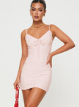 front view of model wearing Princess Polly Noemie Pointelle Mini Dress Pink V-Neck 