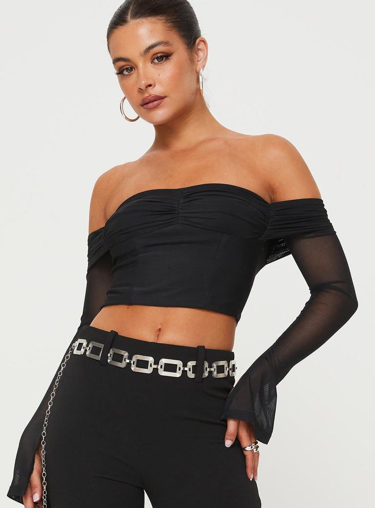 Off-the-shoulder top  Ruched bust & detailing throughout, sheer mesh long sleeves, crop style, invisible zip fastening at back  Good stretch, partially lined 