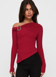 front view of model wearing Princess Polly Donalla Off The Shoulder Hardware Detail Top Red Full Sleeves Asymmetric Neckline 