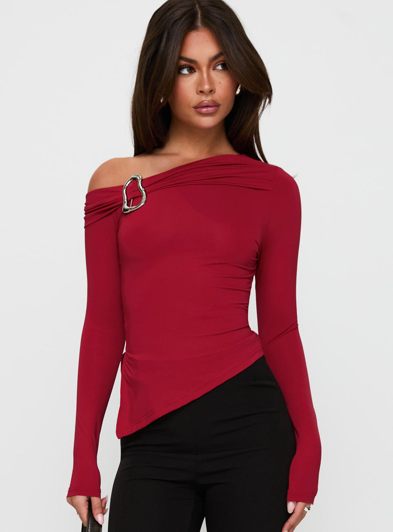 front view of model wearing Princess Polly Donalla Off The Shoulder Hardware Detail Top Red Full Sleeves Asymmetric Neckline 