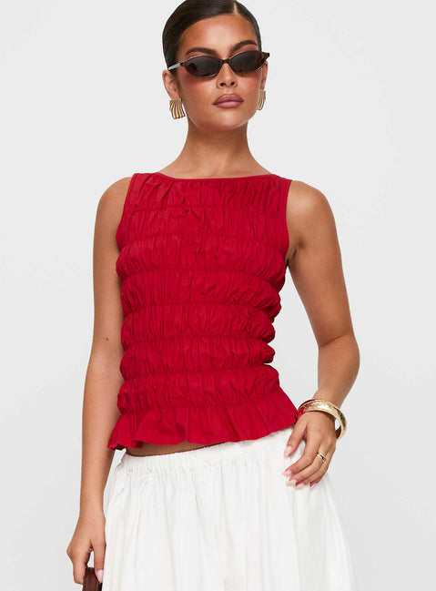 front view of model wearing Princess Polly Marleene Shirred Top Red Sleeveless Crew Neck 