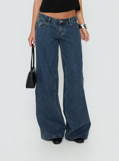 Featuring Picco Ultra Low Rise Wide Leg Jeans womens-jeans in dark blue wash product Princess Polly