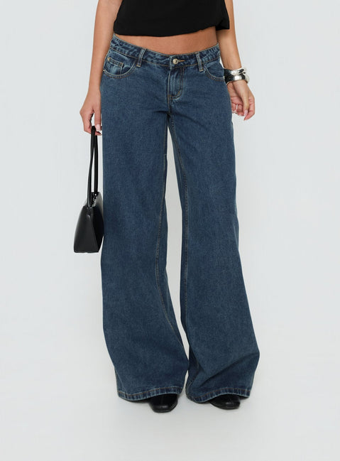 Featuring Picco Ultra Low Rise Wide Leg Jeans womens-jeans in dark blue wash product Princess Polly