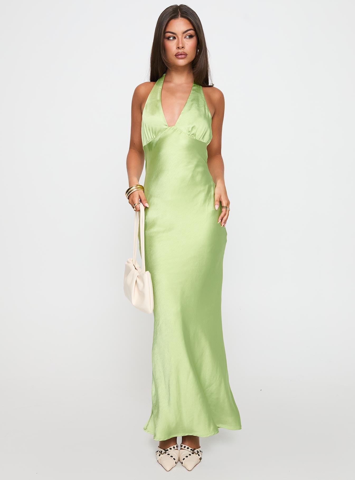 front view of model wearing Princess Polly Gloriana Halter Maxi Dress Green Plunger 