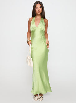 front view of model wearing Princess Polly Gloriana Halter Maxi Dress Green Plunger 