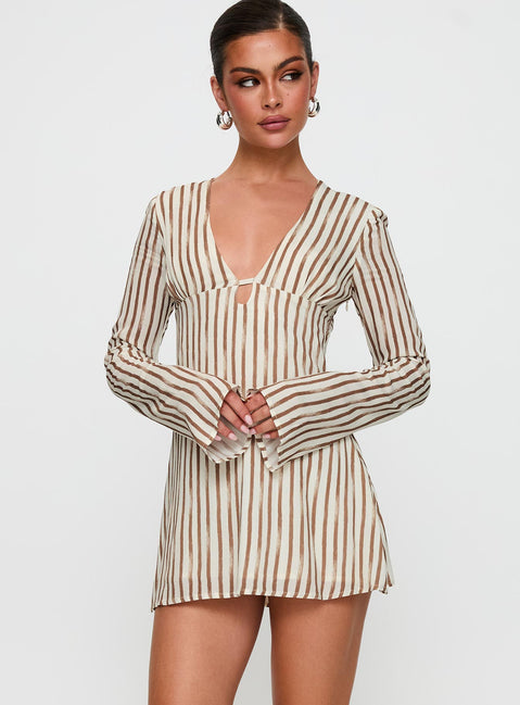 front view of model wearing Princess Polly The Good Life Mini Dress Brown / White Stripe Plunger 