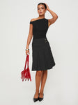   front view of model wearing Princess Polly Dereveko Pleated Midi Skirt Black Pinstripe Knee 